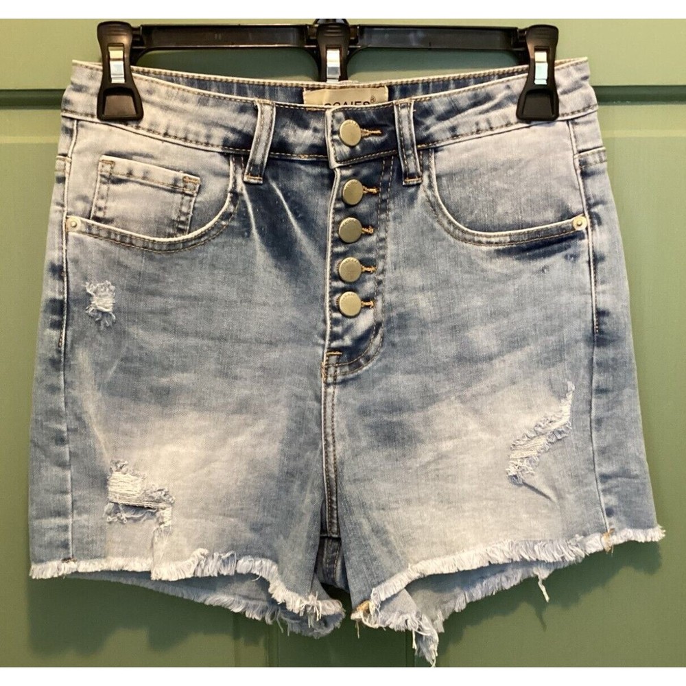 HOCAIES Sz 4 Exposed Button-Fly Raw Hem Distress Hi-Rise Comfortable Fit Shorts